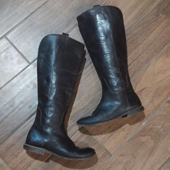 Frye Paige tall riding boot leather layer dark brown stack heel - Picture 4 of 12